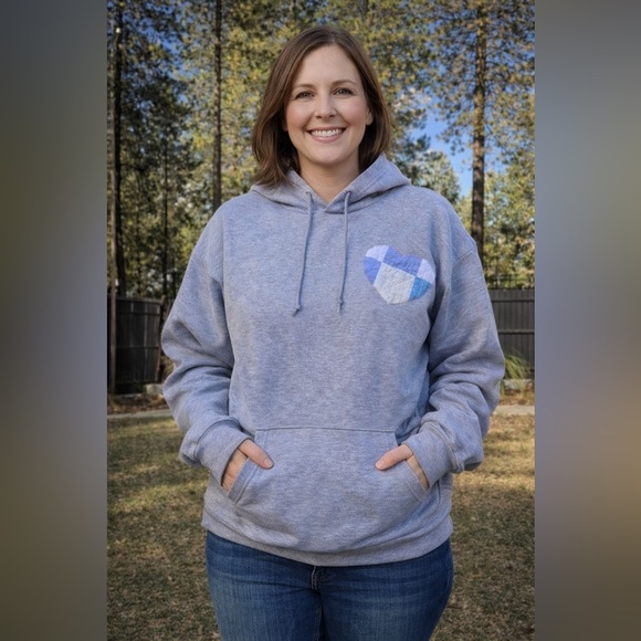 Upcycled Valentine Gray Hoodie with Blue Heart Patch - Picture 4 of 7